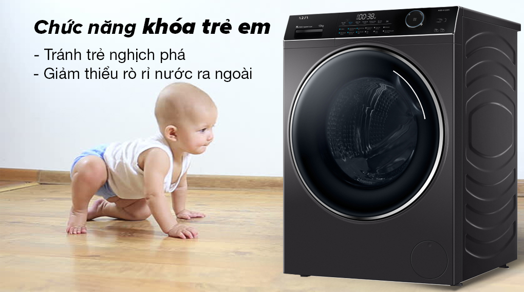 Máy giặt Aqua Inverter 12 kg AQD-A1200H PS -Khóa trẻ em tránh rò rỉ nước ra bên ngoài 