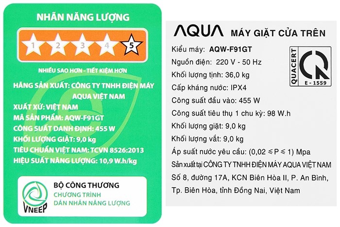 Máy giặt Aqua 9 kg AQW-F91GT S Màu Bạc