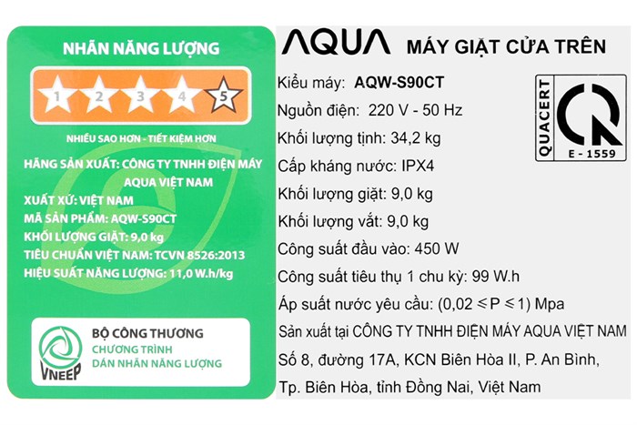 Máy giặt Aqua 9 kg AQW-S90CT S
