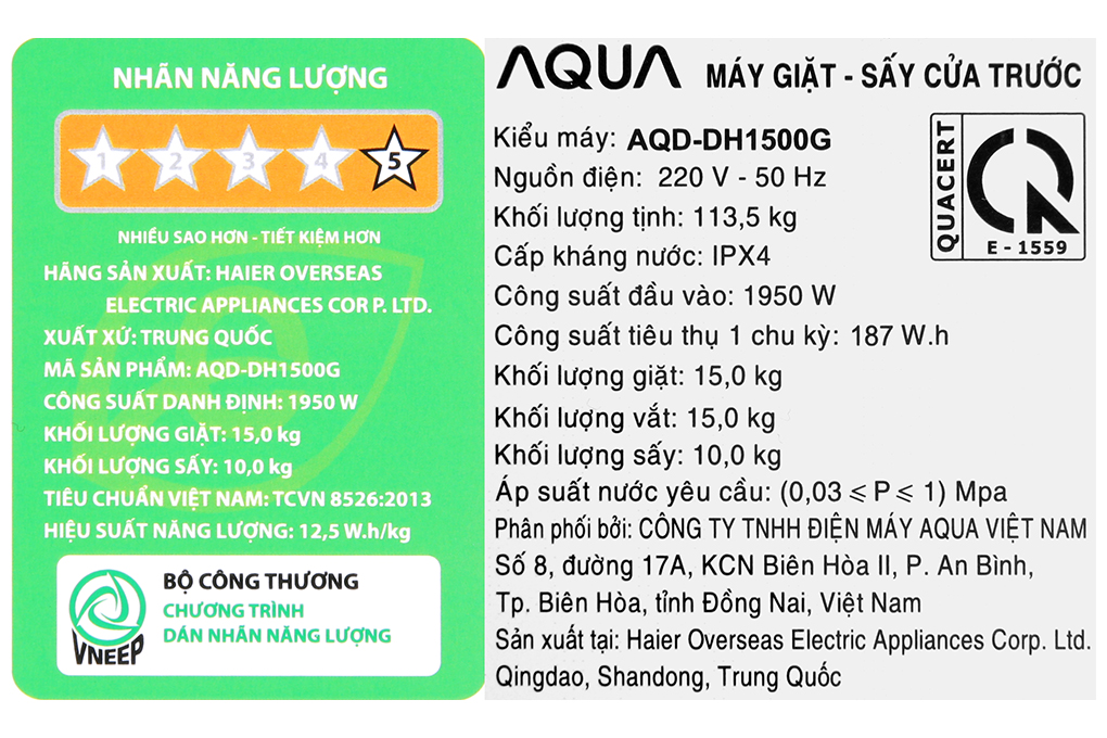 Máy giặt sấy Aqua Inverter giặt 15 kg - sấy 10 kg AQD-DH1500G PP Màu Xám
