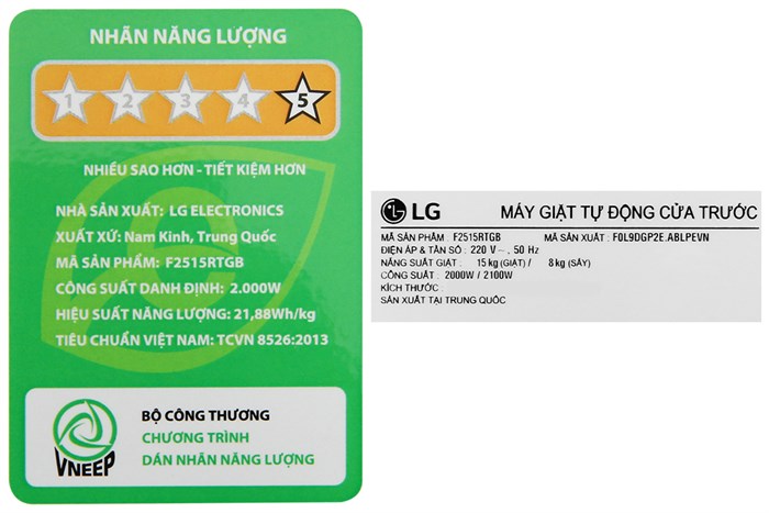 Máy giặt sấy LG AI DD Inverter giặt 15 kg - sấy 8 kg F2515RTGB Màu Đen