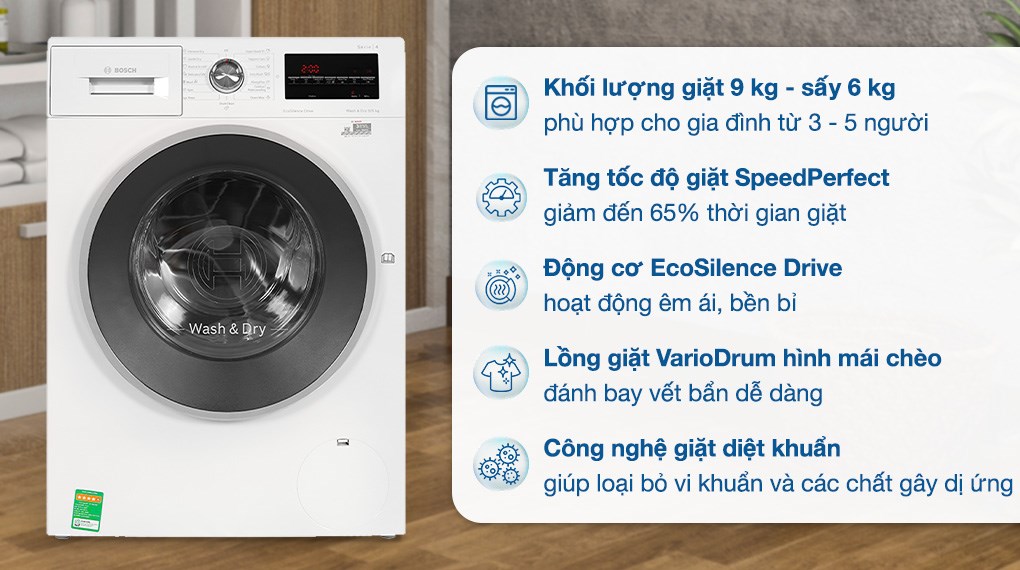 Máy giặt sấy Bosch giặt 9 kg - sấy 6 kg WNA14400SG