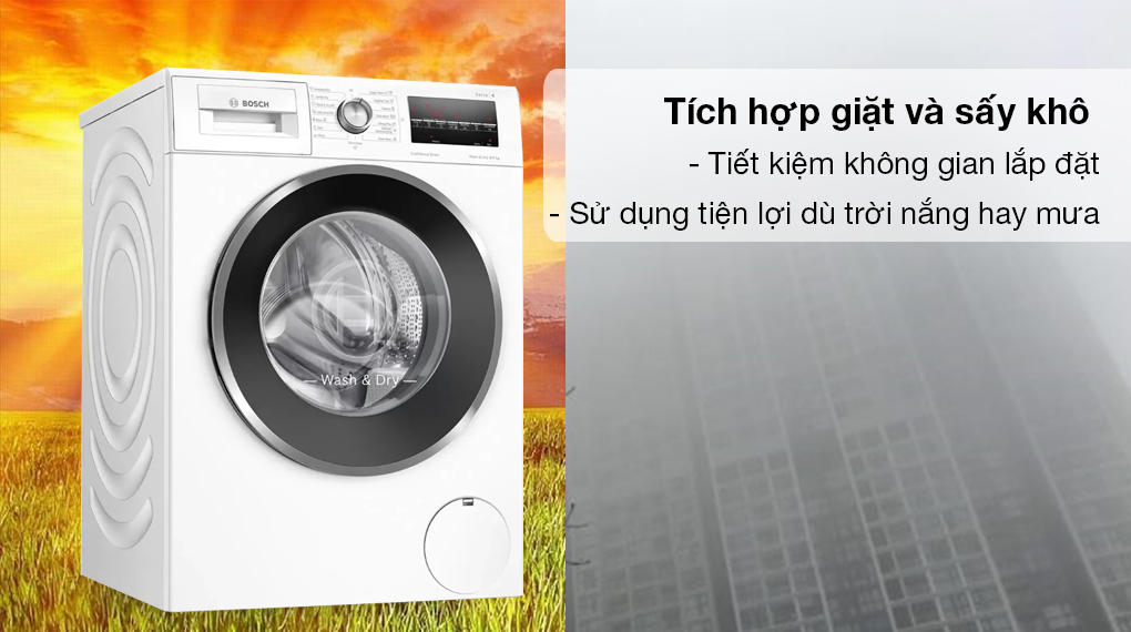 Máy giặt sấy Bosch 9 kg WNA14400SG - Tích hợp giặt và sấy trên cùng 1 thiết bị, tiết kiệm không gian sử dụng và dễ dàng sử dụng bất kỳ thời tiết ra sao 