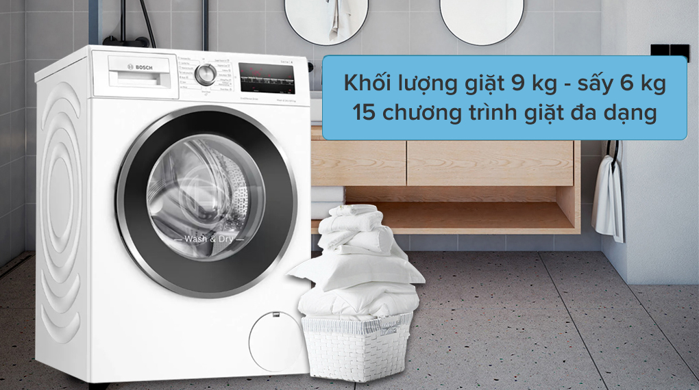 Máy giặt sấy Bosch 9 kg WNA14400SG - Khối lượng giặt 9kg, sấy 6kg, trang bị 15 chương trình giặt 