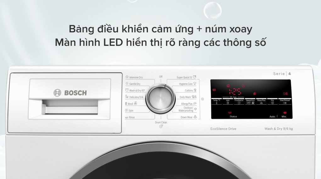 Máy giặt sấy Bosch 9 kg WNA14400SG - Bảng điều khiển dạng cảm ứng và núm xoay cùng màn hình LED to rõ 