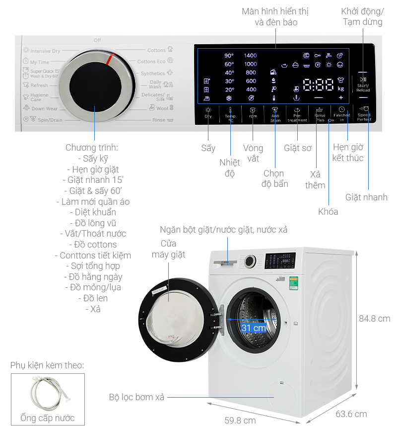 Máy giặt sấy Bosch 10 kg - sấy 6 kg WNA254U0SG