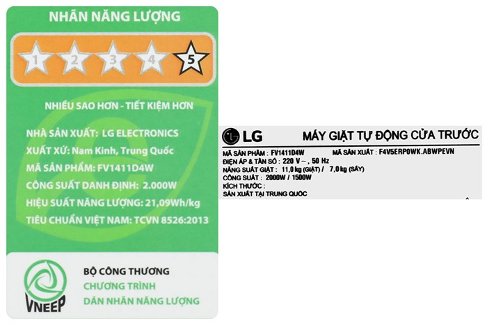 Máy giặt sấy LG AI DD Inverter giặt 11 kg - sấy 7 kg FV1411D4W Màu Trắng