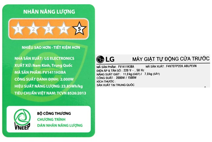 Máy giặt sấy LG Inverter giặt 11 kg - sấy 7 kg FV1411H3BA Màu Đen