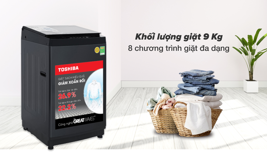 Khối lượng giặt 9kg, 8 chương trình giặt - Máy giặt Toshiba 9 kg AW-M1000FV(MK) 