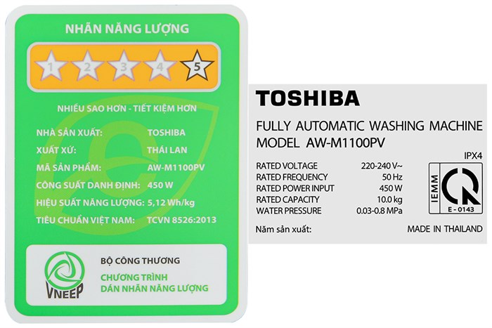 Máy giặt Toshiba 10 kg AW-M1100PV(MK) Màu Đen