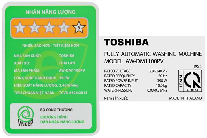 Máy giặt Toshiba Inverter 10 kg AW-DM1100PV(KK) Màu Đen