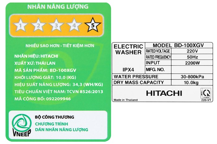 Máy giặt Hitachi Inverter 10 kg BD-100XGV MAG Màu Xám