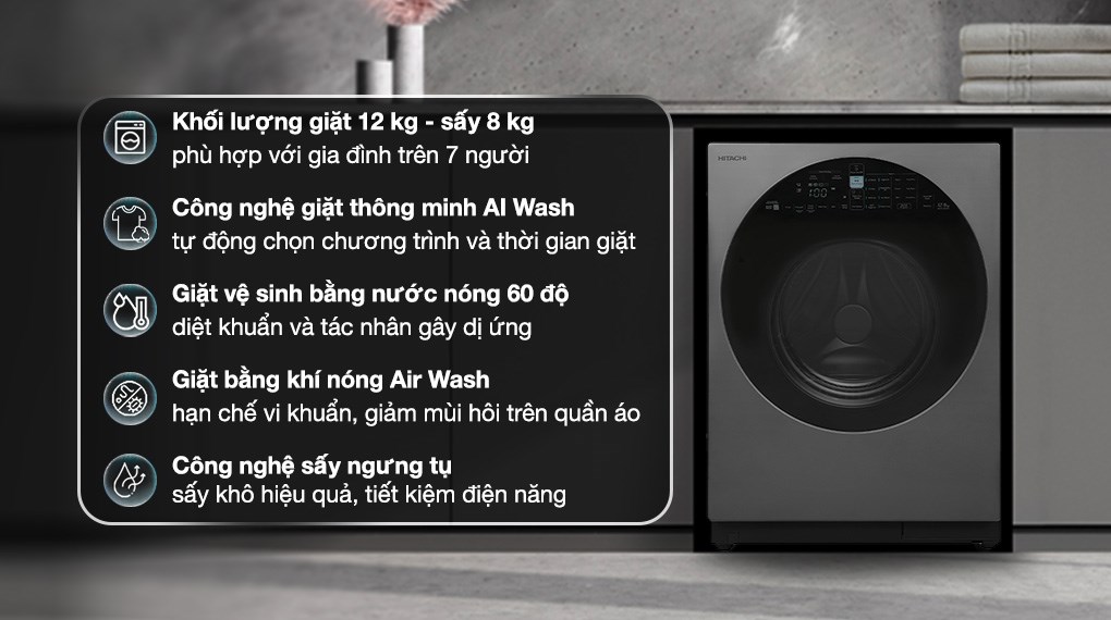 Máy giặt sấy Hitachi Inverter giặt 12 kg - sấy 8 kg BD-D120XGV MAG