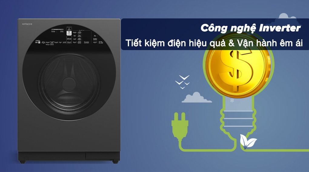 Máy giặt sấy Hitachi BD-D120XGV MAG - Công nghệ Inverter tiết kiệm điện hiệu quả và vận hành êm ái