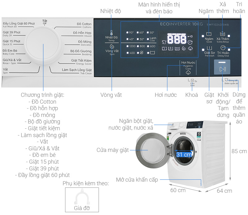 Máy giặt Electrolux Inverter 10 kg EWF1024D3WB – Điện Máy ĐTC