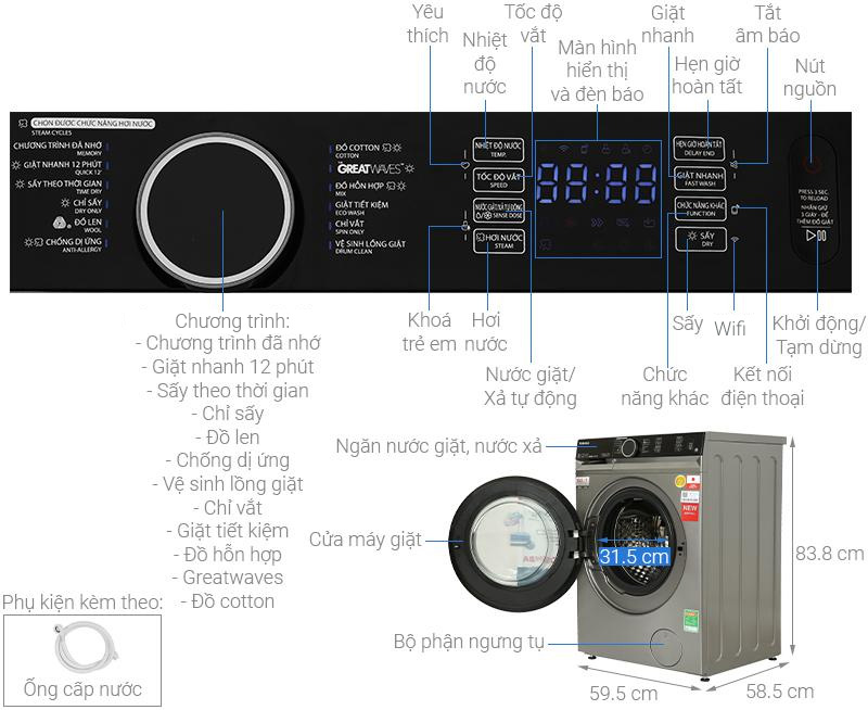 Máy giặt sấy Toshiba Inverter giặt 10.5 kg - sấy 7 kg TWD-BM115GF4V(SK)