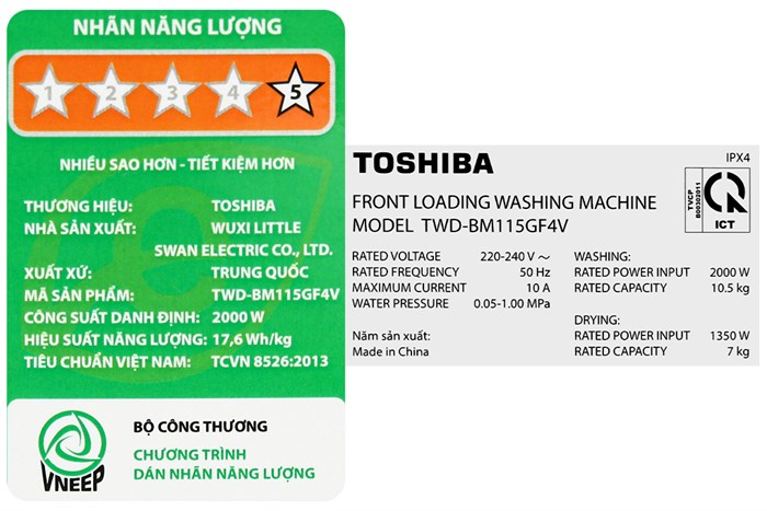 Máy giặt sấy Toshiba Inverter giặt 10.5 kg - sấy 7 kg TWD-BM115GF4V(SK) Màu Bạc