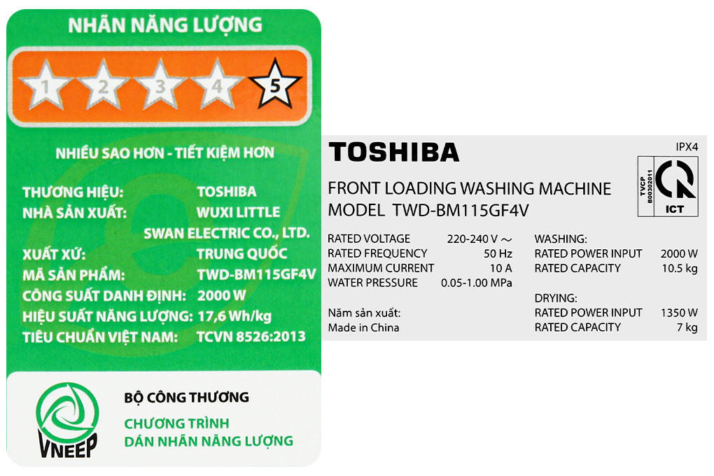 Máy giặt sấy Toshiba Inverter giặt 10.5 kg - sấy 7 kg TWD-BM115GF4V(SK) - 9
