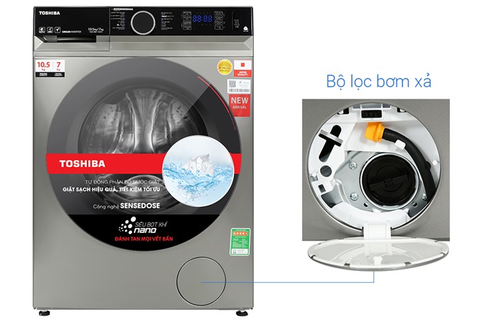 Máy giặt sấy Toshiba Inverter giặt 10.5 kg - sấy 7 kg TWD-BM115GF4V(SK) Màu Bạc