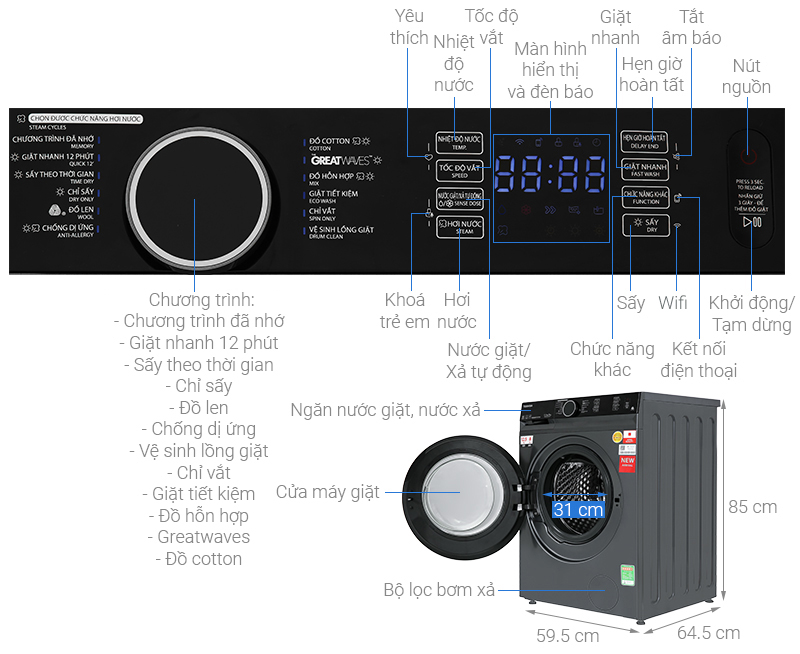 Máy giặt sấy Toshiba Inverter giặt 12.5 kg - sấy 8 kg TWD-BM135GF4V(MG)