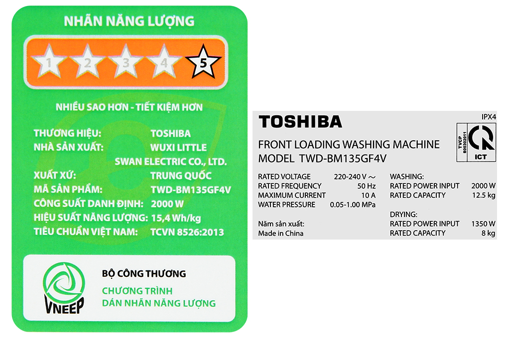 Máy giặt sấy Toshiba Inverter giặt 12.5 kg - sấy 8 kg TWD-BM135GF4V(MG) Màu Bạc