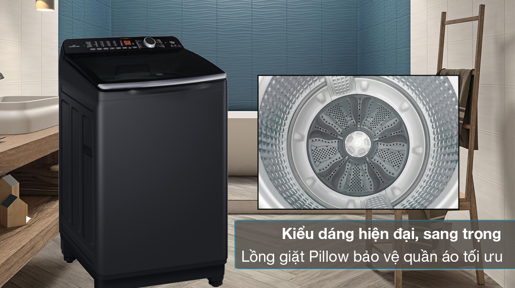 Máy giặt Aqua Inverter 12 kg AQD-DR120HT BK - Kiểu dáng hiện đại, sang trọng với lồng giặt pillow bảo vệ quần áo tối ưu