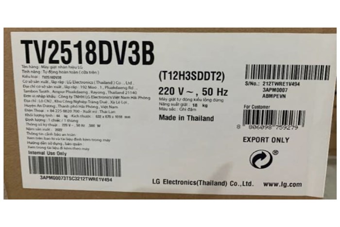 Máy giặt LG AI DD Inverter 18 kg TV2518DV3B Màu Đen