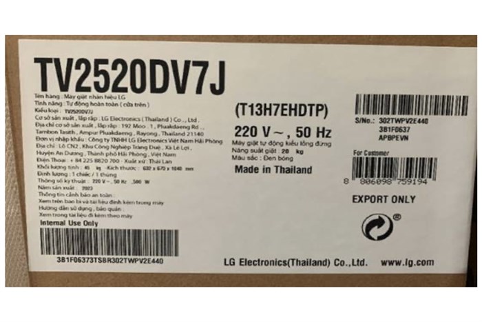 Máy giặt LG AI DD Inverter 20 kg TV2520DV7J Màu Đen