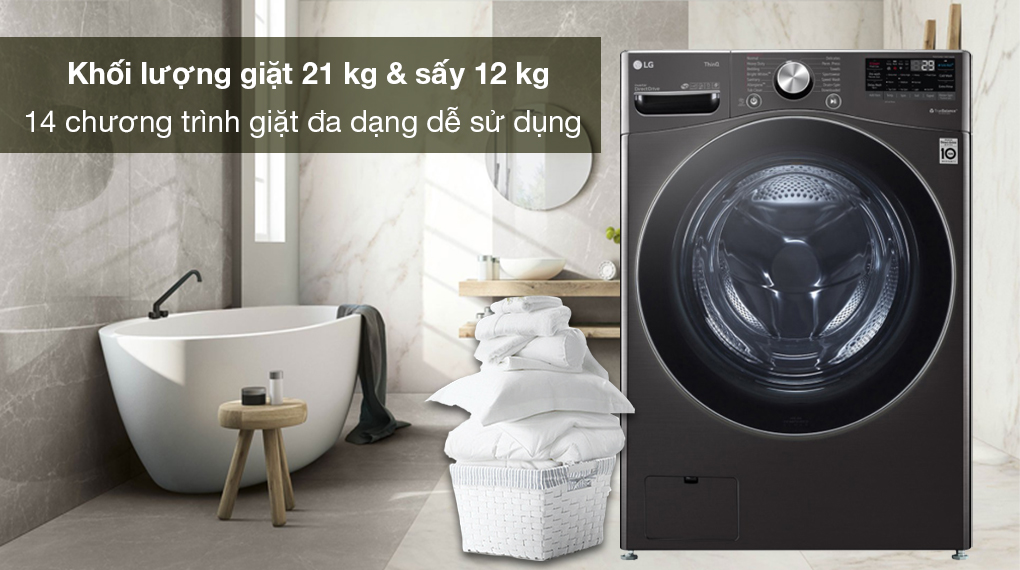 Máy giặt sấy LG Inverter 21 kg F2721HVRB - Khối lượng giặt 21 kg và sấy 12 kg, trang bị 14 chương trình giặt sấy đa dạng dễ sử dụng