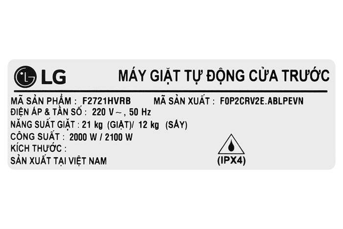 Máy giặt sấy LG AI DD Inverter giặt 21 kg - sấy 12 kg F2721HVRB Màu Đen