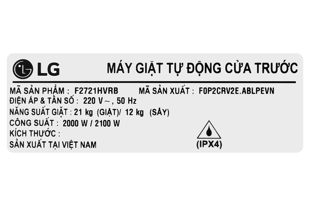 Máy giặt sấy LG AI DD Inverter giặt 21 kg - sấy 12 kg F2721HVRB Màu Đen