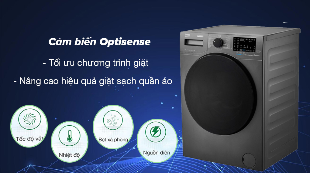 Máy giặt Beko Inverter 9 kg WCV9648XSTM - Trang bị cảm biến Optisense giúp tối ưu chương trình giặt, nâng cao hiệu quả giặt sạch