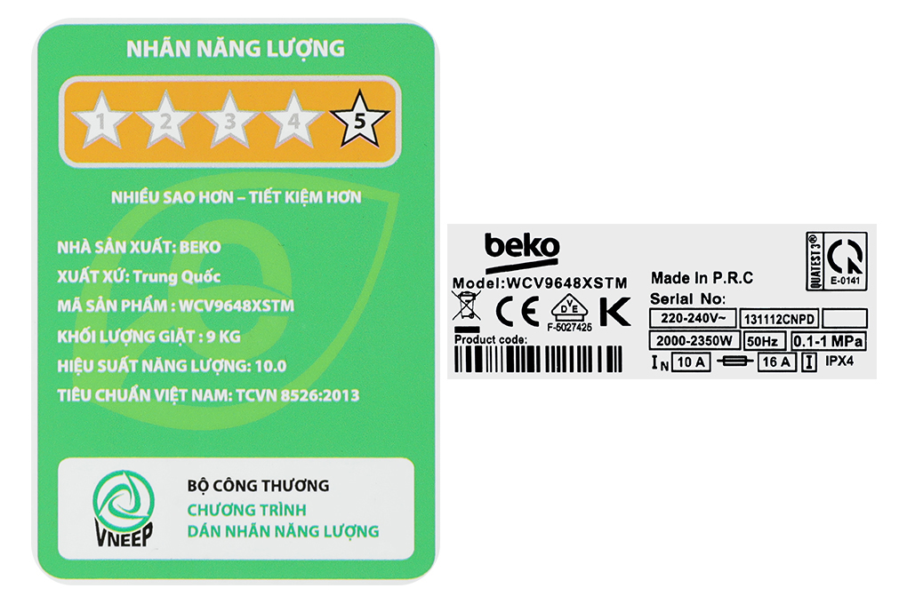 Máy giặt Beko Inverter 9 kg WCV9648XSTM Màu Xám