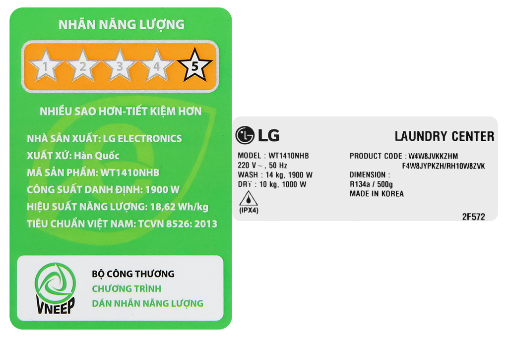 Tháp giặt sấy LG WashTower Inverter giặt 14 kg - sấy 10 kg WT1410NHB Màu Đen