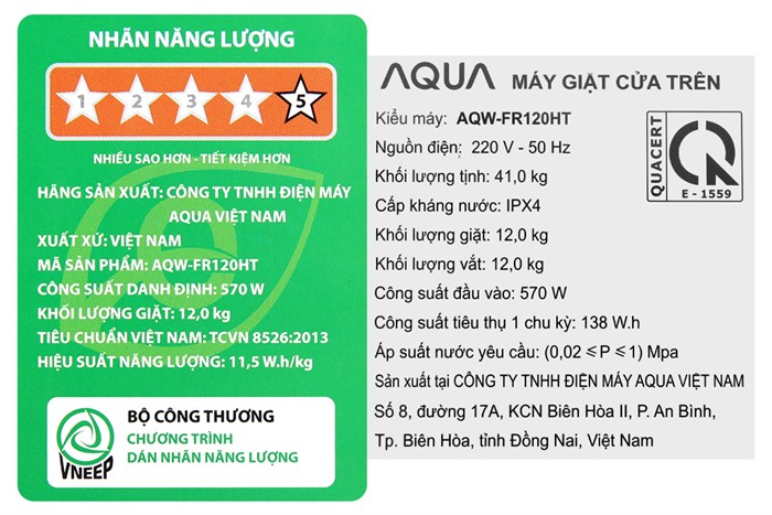 Máy giặt Aqua 12 kg AQW-FR120HT BK Màu Đen
