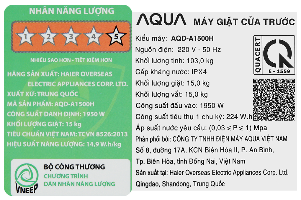 Máy giặt Aqua Inverter 15 kg AQD-A1500H PS Màu Bạc