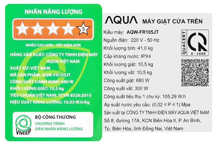 Máy giặt Aqua 10.5 kg AQW-FR105JT BK Màu Đen