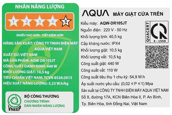 Máy giặt Aqua Inverter 10.5 kg AQW-DR105JT BK Màu Đen