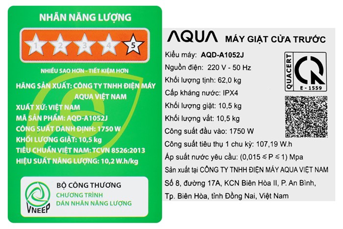 Máy giặt Aqua Inverter 10.5 kg AQD-A1052J BK Màu Đen