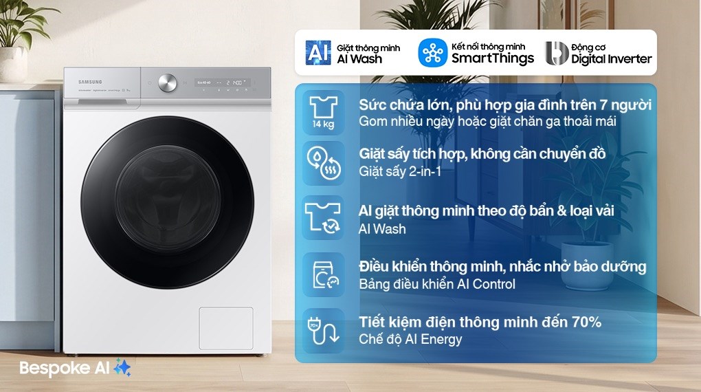 Máy giặt sấy Samsung Bespoke AI Inverter giặt 14 kg - sấy 8 kg WD14BB944DGMSV