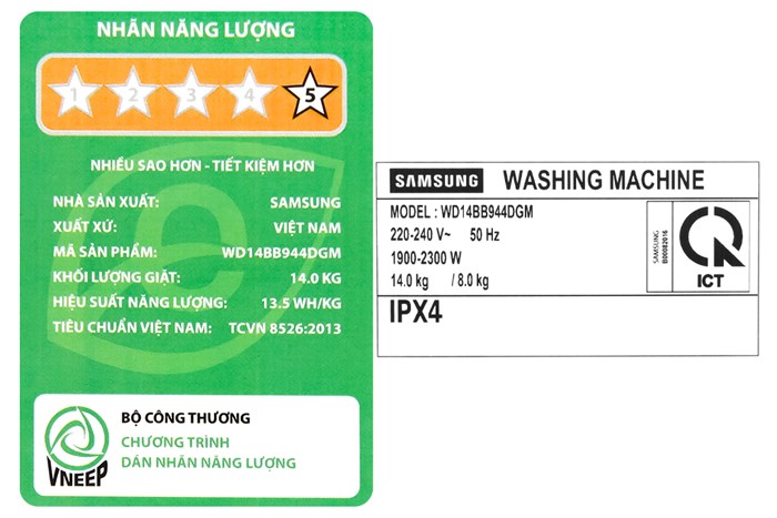 Máy giặt sấy Samsung Bespoke AI Inverter giặt 14 kg - sấy 8 kg WD14BB944DGMSV Màu Trắng - Xanh