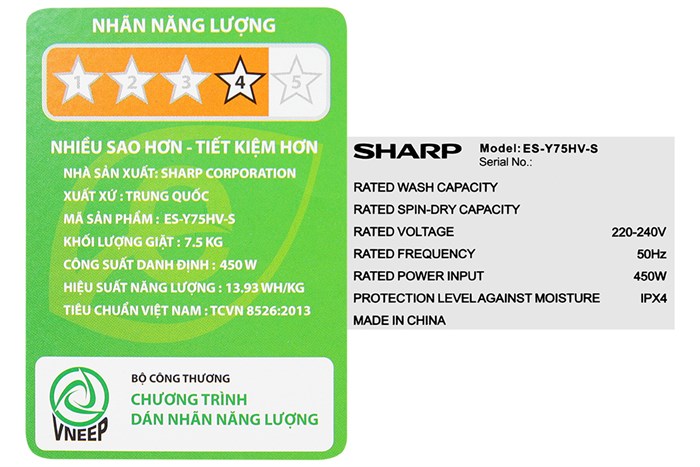 Máy giặt Sharp 7.5 Kg ES-Y75HV-S Màu Xám