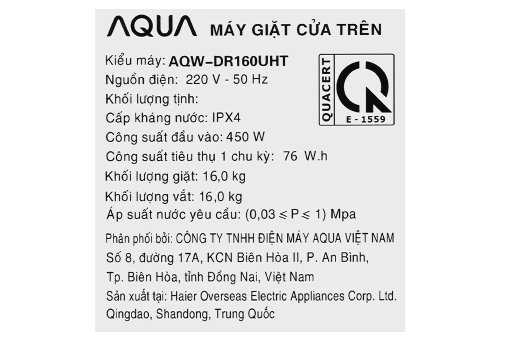 Máy giặt Aqua Inverter 16 kg AQW-DR160UHT PS Màu Bạc
