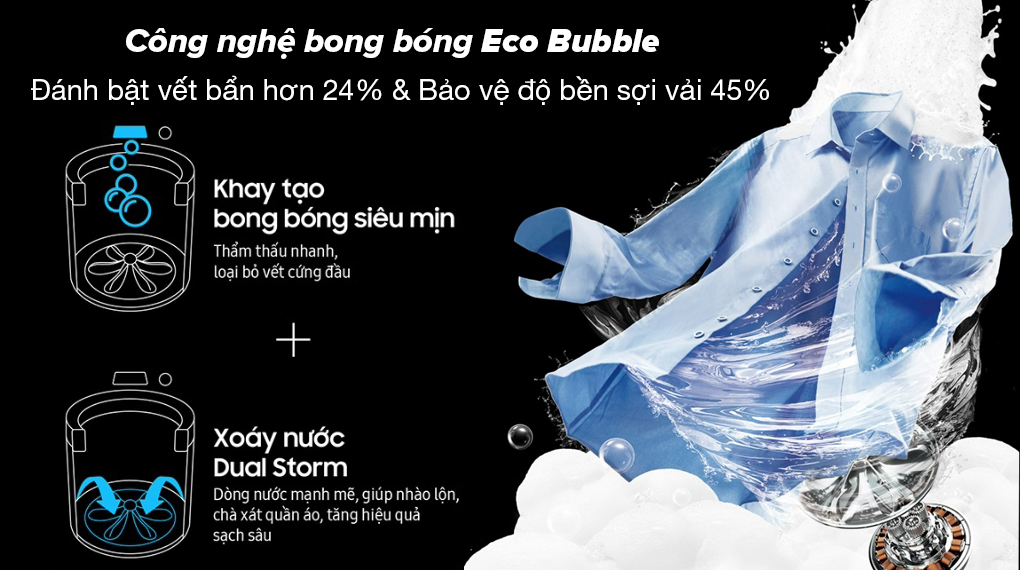 Máy giặt Samsung Inverter 10.5 kg WA10CG5745BDSV-Công nghệ bong bóng siêu mịn EcoBubble đánh bay vết bẩn cứng đầu hiệu quả và đảm bảo độ bền sợi vải