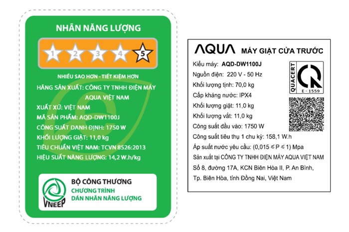Máy giặt Aqua Inverter 11 kg AQD-DW1100J BK Màu Đen