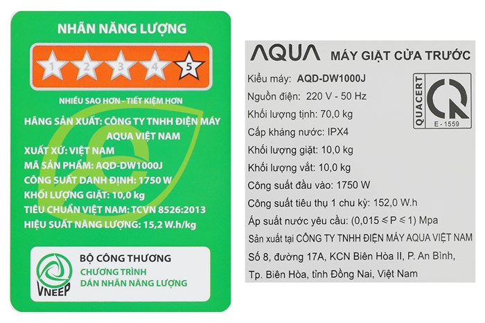 Máy giặt Aqua Inverter 10 kg AQD-DW1000J.BK Màu Đen