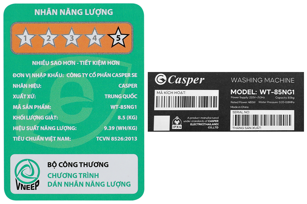 Máy giặt Casper 8.5 kg WT-85NG1 Màu Xám