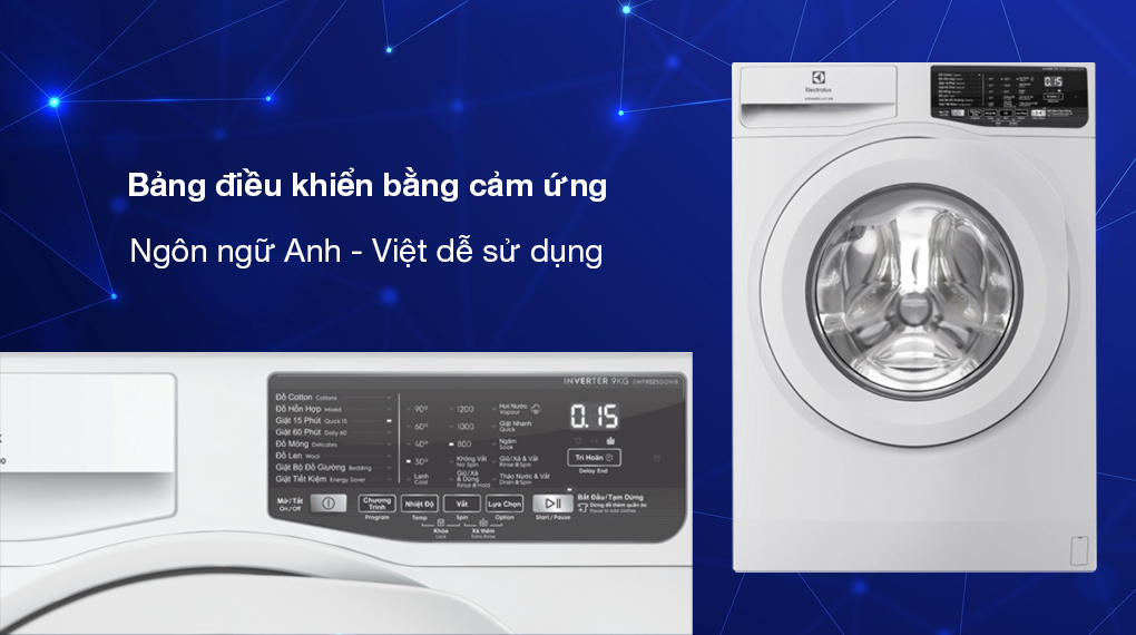 Máy giặt Electrolux Inverter 9 kg EWF9025DQWB - Bảng điều khiển cảm ứng và ngôn ngữ Anh Việt dễ sử dụng