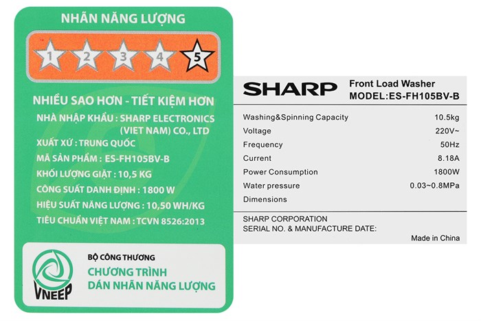 Máy giặt Sharp Inverter 10.5 kg ES-FH105BV-B Màu Xám đậm