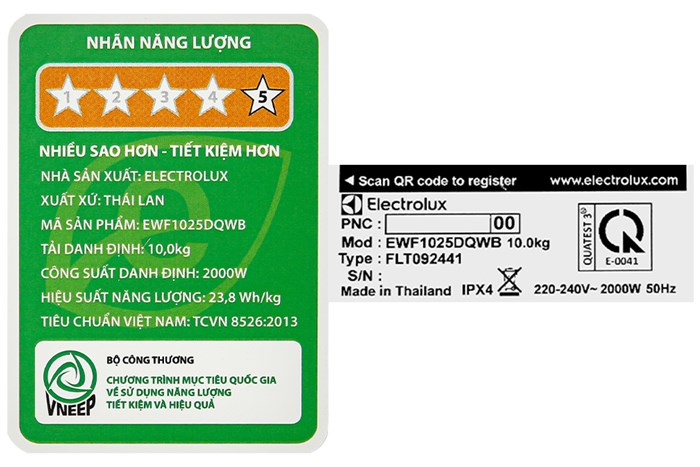 Máy giặt Electrolux Inverter UltimateCare 100 10 kg EWF1025DQWB Màu Trắng